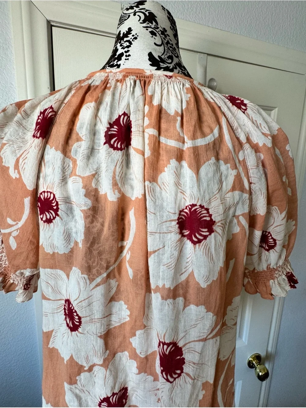 Madewell Peach and White Floral Button-Up Peasant Blouse